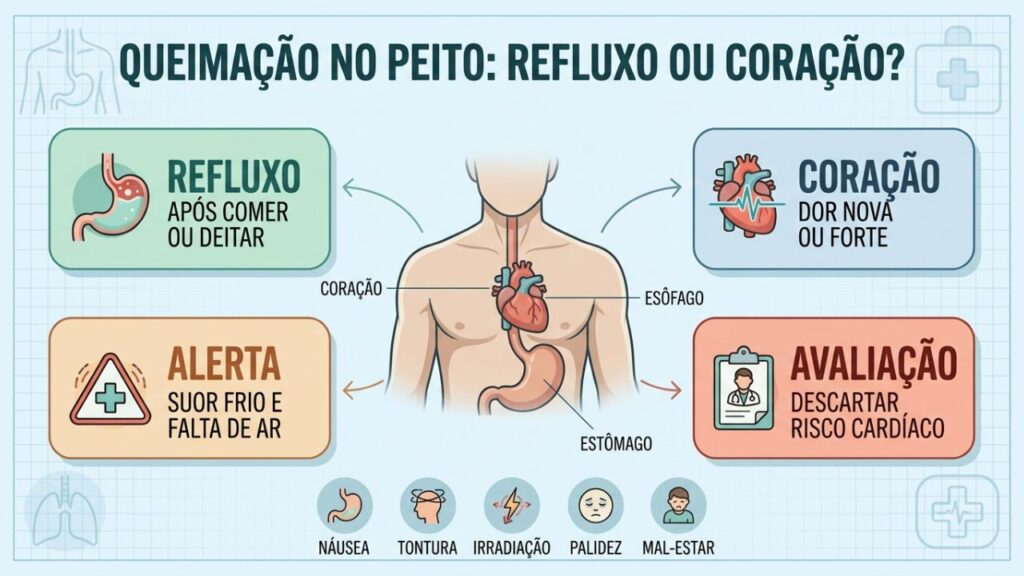 Quatro pistas ajudam a diferenciar refluxo, coração, alerta e avaliação médica.