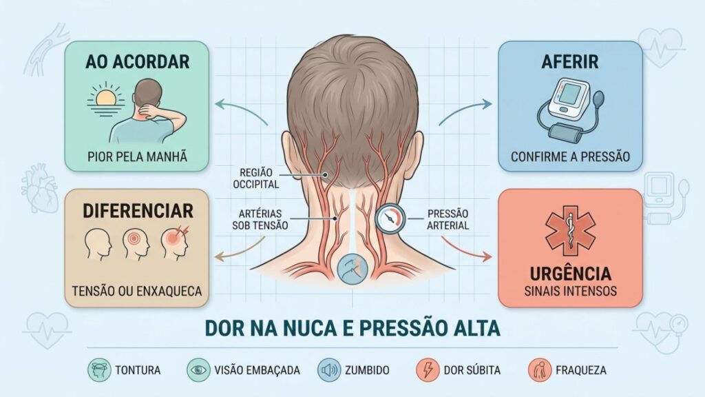 Infográfico mostra quando a dor na nuca pode exigir aferição e atendimento.