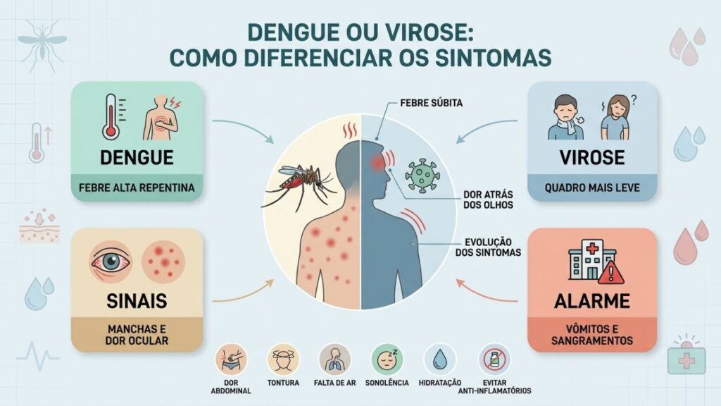 Febre, manchas, dor ocular e sinais de alarme diferenciam dengue de virose.