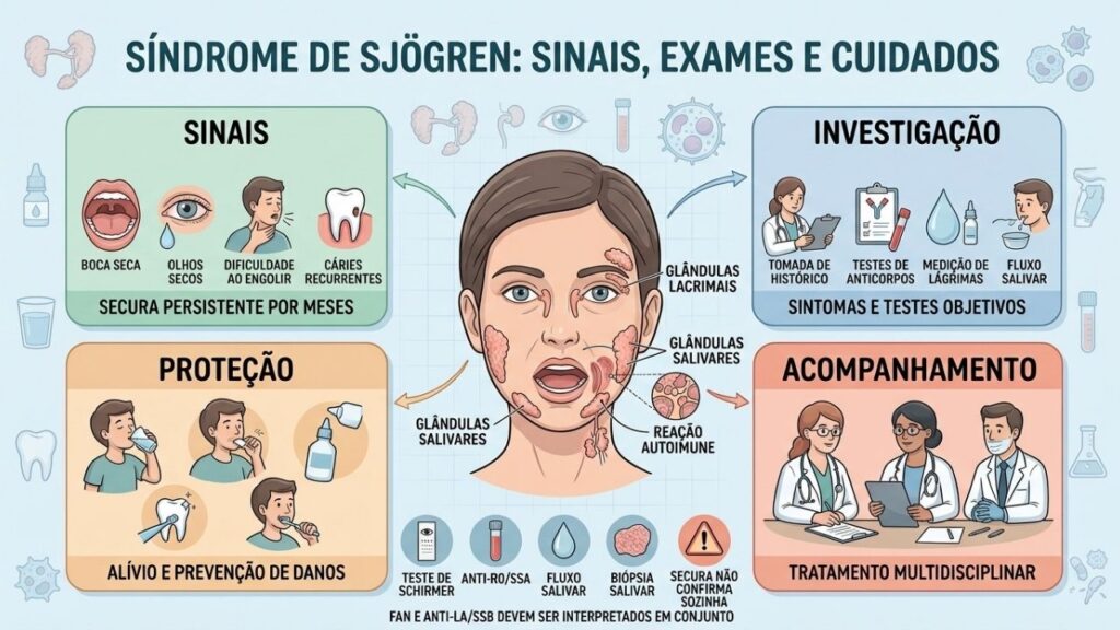 Sinais, investigação, proteção e acompanhamento orientam o cuidado na síndrome de Sjögren.