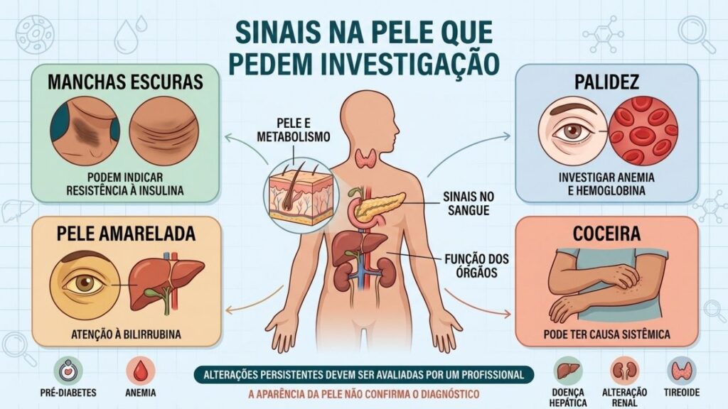 Manchas, palidez, icterícia e coceira podem refletir alterações internas importantes.