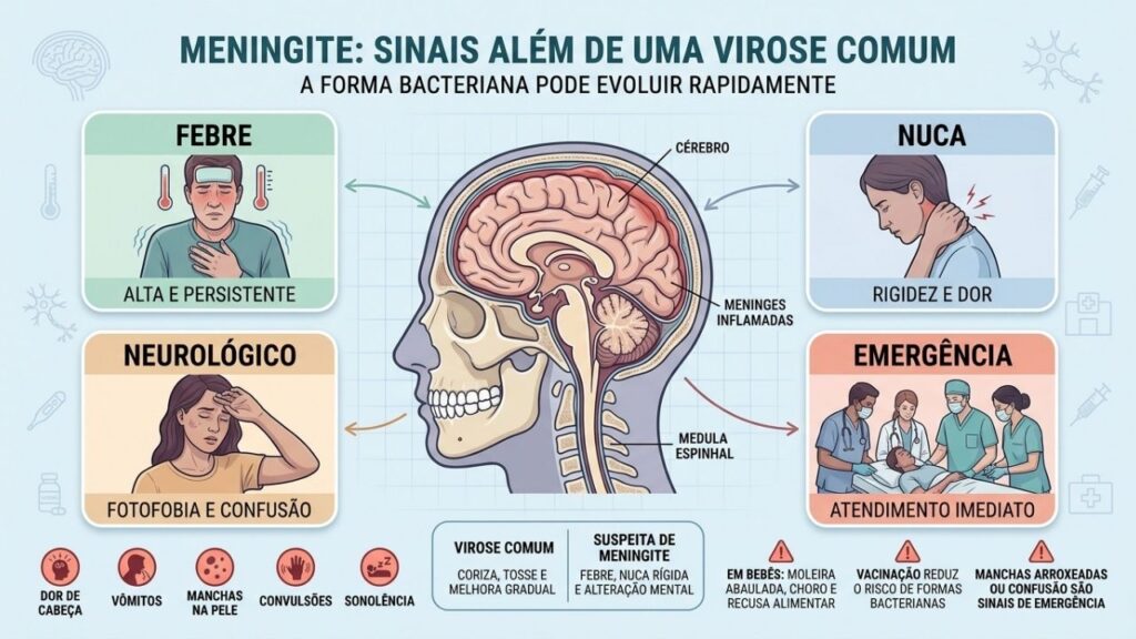 Febre, rigidez, sinais neurológicos e manchas ajudam a reconhecer meningite.