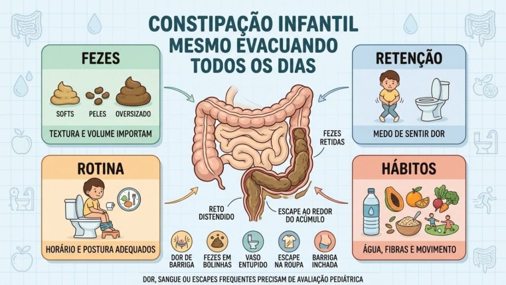 Fezes, retenção, rotina e hábitos ajudam a reconhecer a constipação infantil.