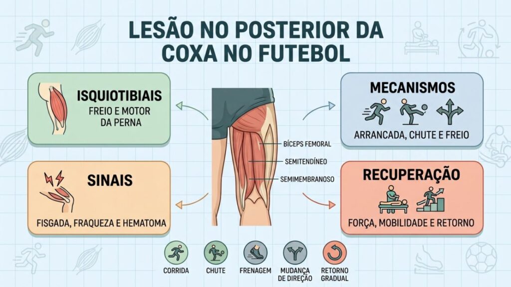 Isquiotibiais, mecanismos, sinais e recuperação orientam o retorno ao futebol.