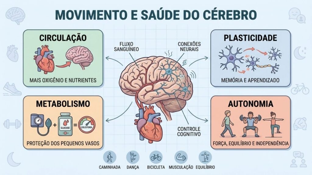 Circulação, plasticidade, metabolismo e autonomia explicam os benefícios do movimento cerebral.