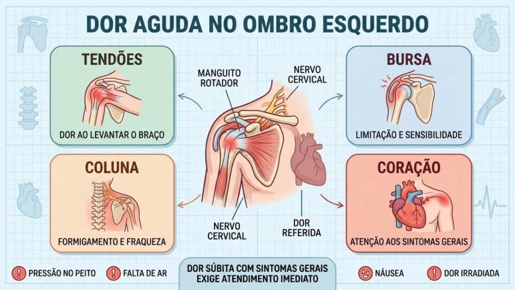 Tendões, bursa, coluna e coração podem provocar dor no ombro esquerdo.