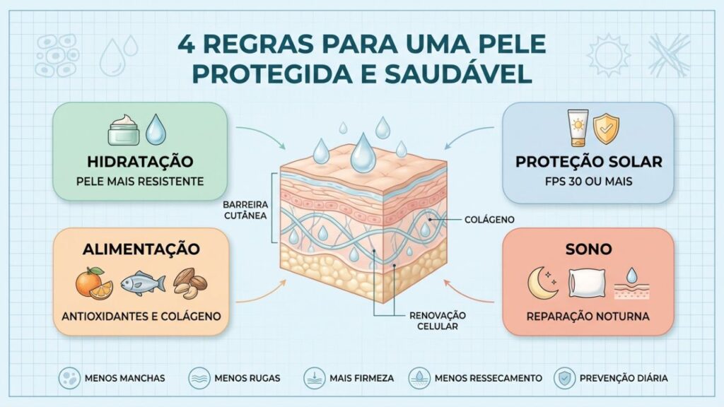 Quatro pilares comprovados unem hidratação, sol, alimentação e sono.