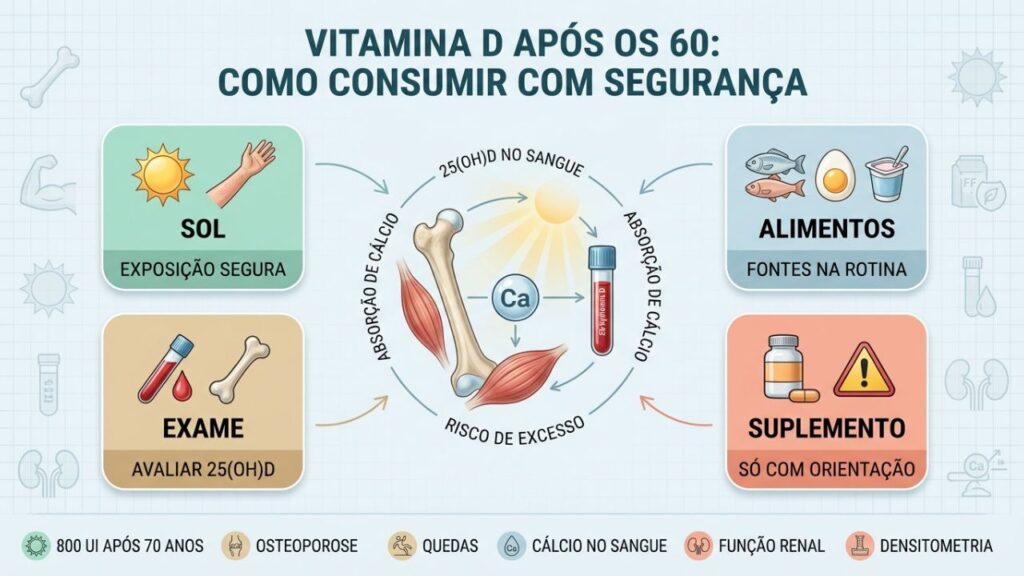 Sol, alimentos, exame e suplemento orientam vitamina D segura após os 60.