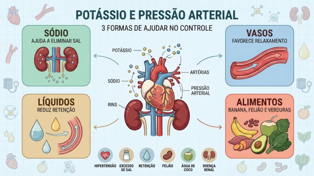 Potássio ajuda a eliminar sódio, relaxar artérias e reduzir retenção.