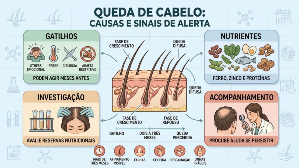 Gatilhos, nutrientes, investigação e acompanhamento orientam o cuidado da queda capilar.