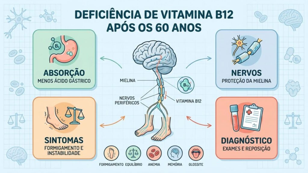 Absorção, nervos, sintomas e diagnóstico ajudam a identificar deficiência de B12.