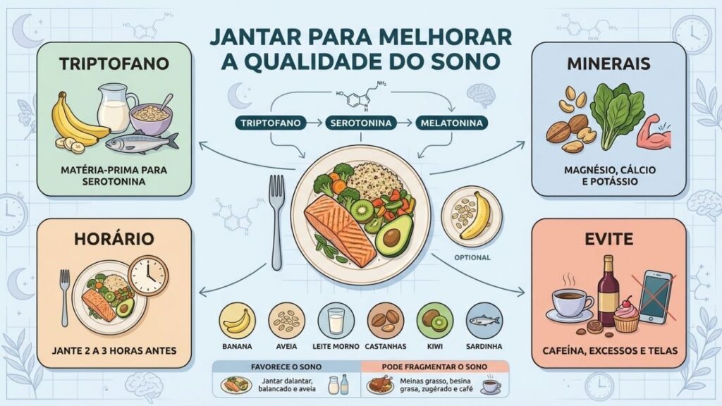 Triptofano, minerais, horário adequado e escolhas leves favorecem um sono reparador.