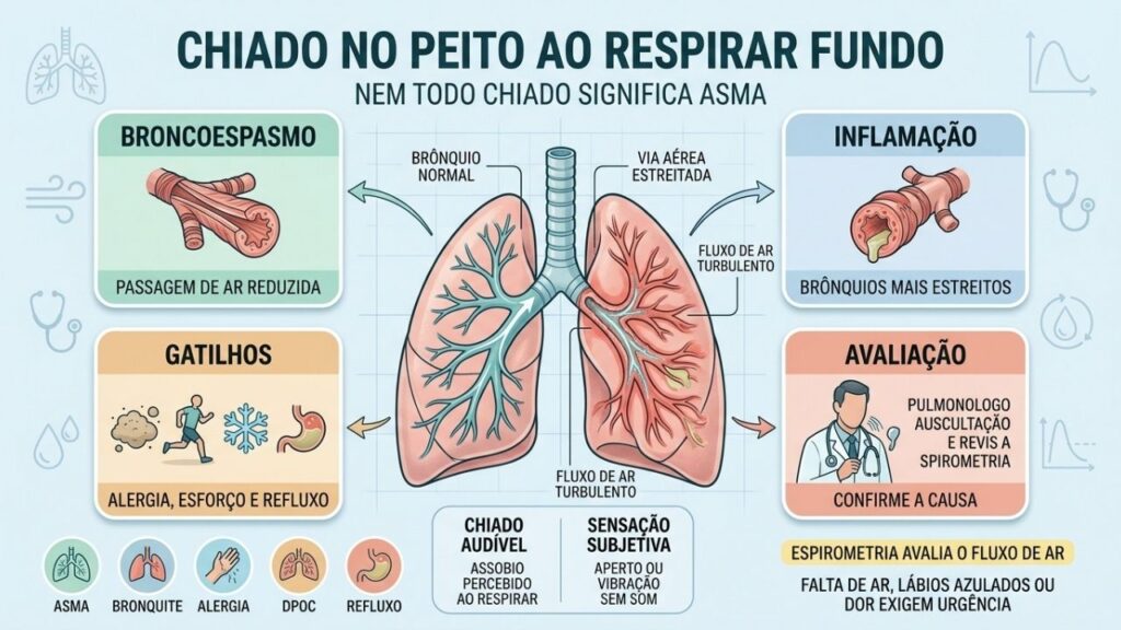Causas, gatilhos e exames ajudam a esclarecer o chiado no peito.