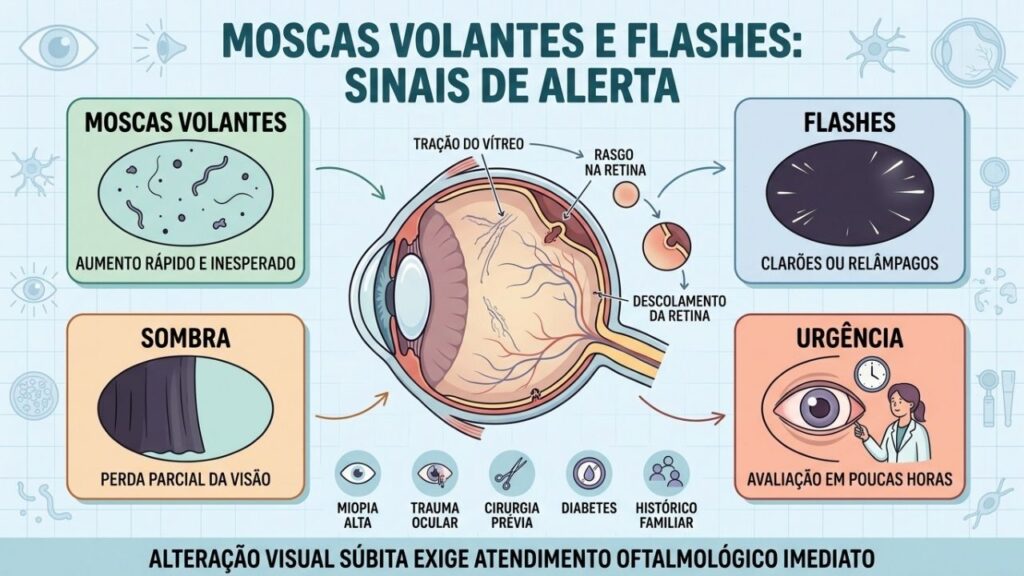 Moscas volantes, flashes, sombra e perda visual indicam risco de descolamento.
