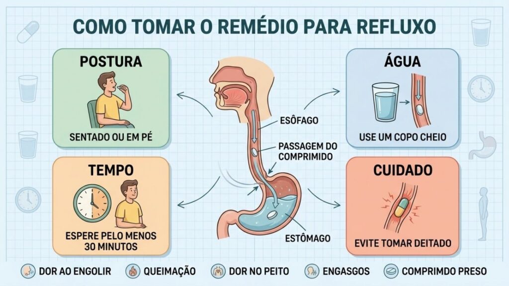 Postura, água e tempo reduzem o risco de esofagite medicamentosa.
