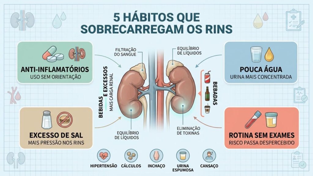 Infográfico destaca cinco hábitos que aumentam a carga diária dos rins.