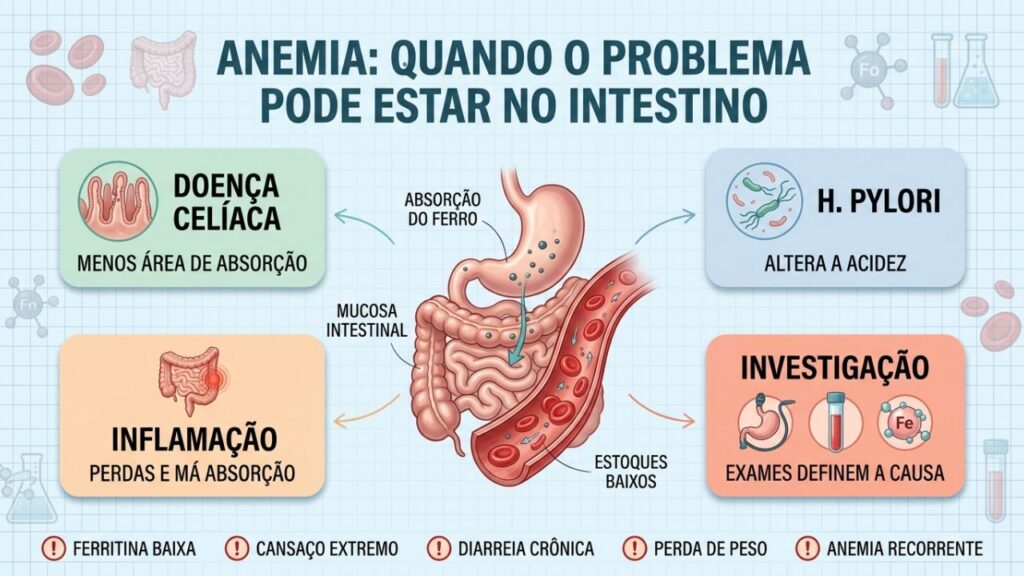 Causas intestinais, ferritina e exames orientam a investigação da anemia.