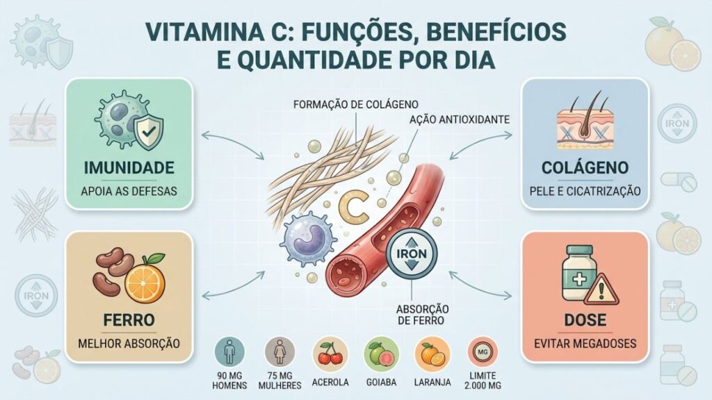 Funções, fontes alimentares e dose diária orientam o uso da vitamina C.