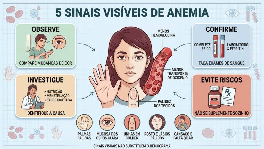 Cinco sinais visíveis orientam a suspeita, mas o hemograma confirma a anemia.