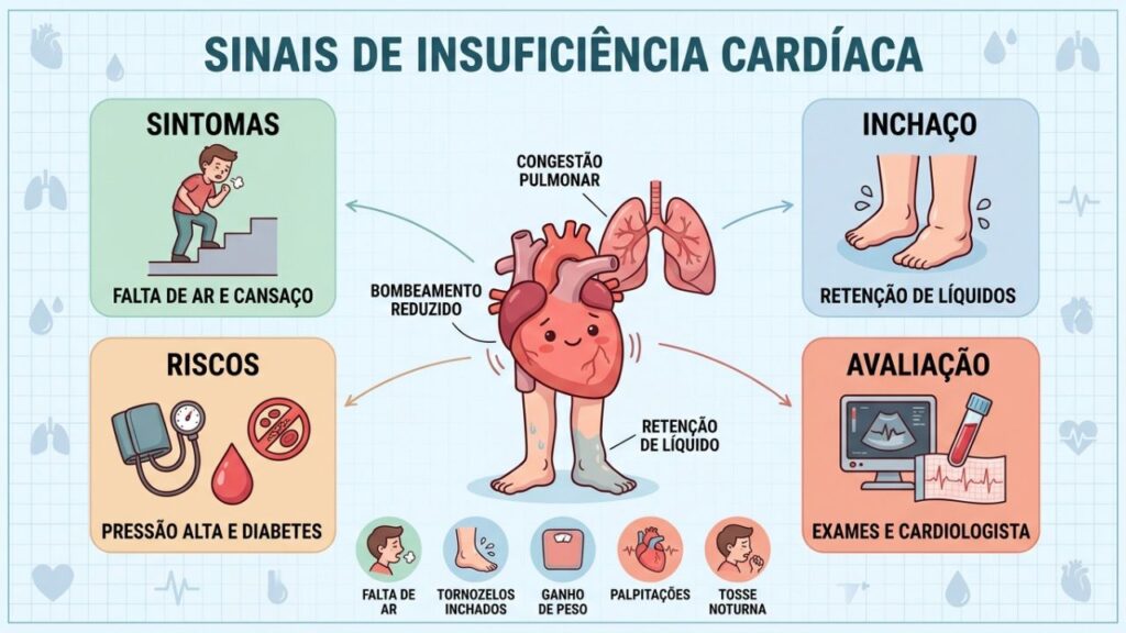 Sintomas, riscos, exames e cuidados orientam a investigação da insuficiência cardíaca.