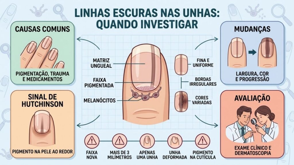 Largura, cor, evolução e pigmento na cutícula orientam a investigação.