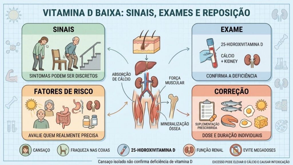Sinais, exames, riscos e reposição explicam o cuidado com vitamina D.