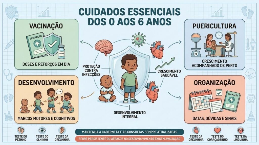 Vacinas, puericultura, desenvolvimento e organização sustentam a saúde na primeira infância.