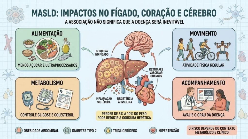Alimentação, movimento, controle metabólico e acompanhamento protegem fígado, coração e cérebro.