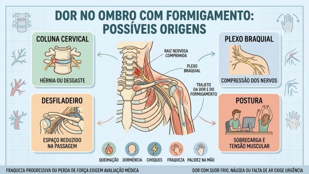 Coluna cervical, plexo braquial, postura e vasos podem explicar os sintomas.