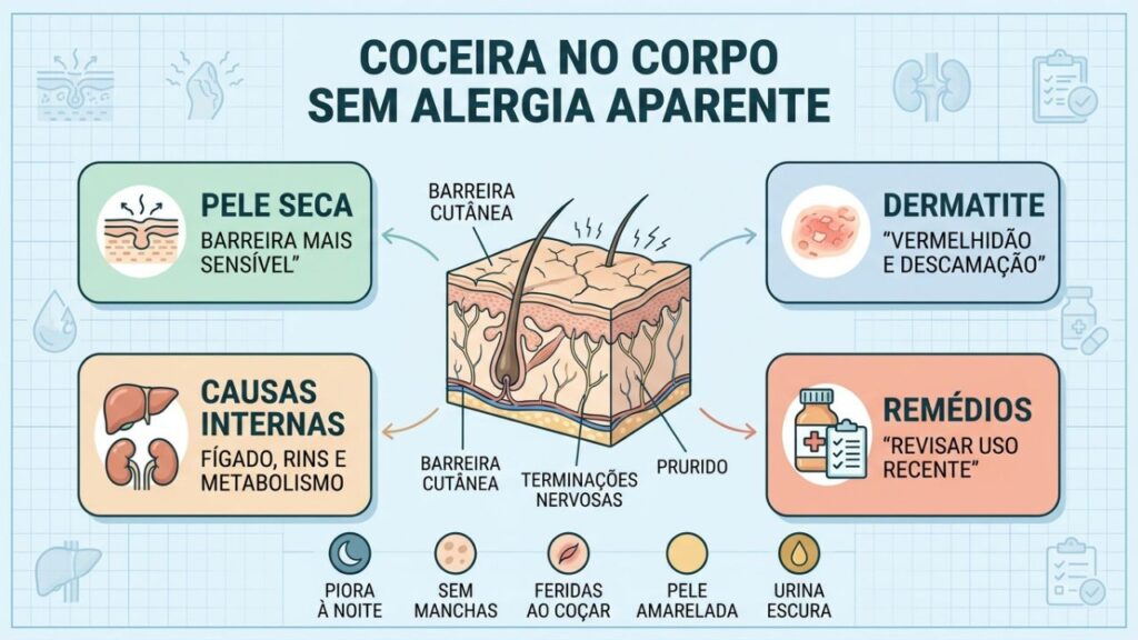 Pele seca, dermatites, remédios e causas internas orientam a avaliação.
