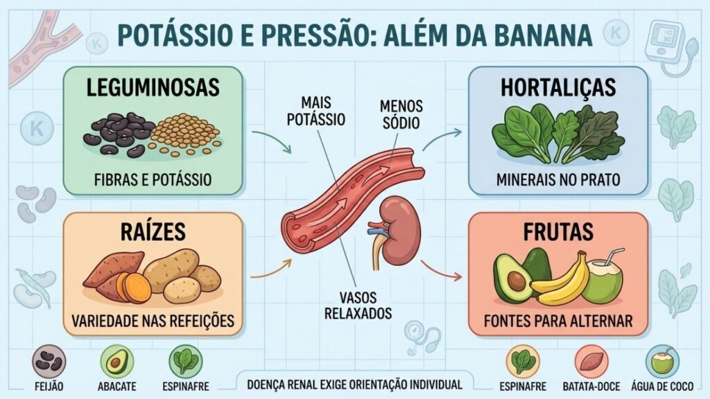 Leguminosas, hortaliças, raízes e frutas diversificam o consumo de potássio.