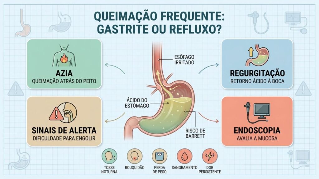 Infográfico diferencia gastrite, refluxo e sinais que pedem endoscopia.