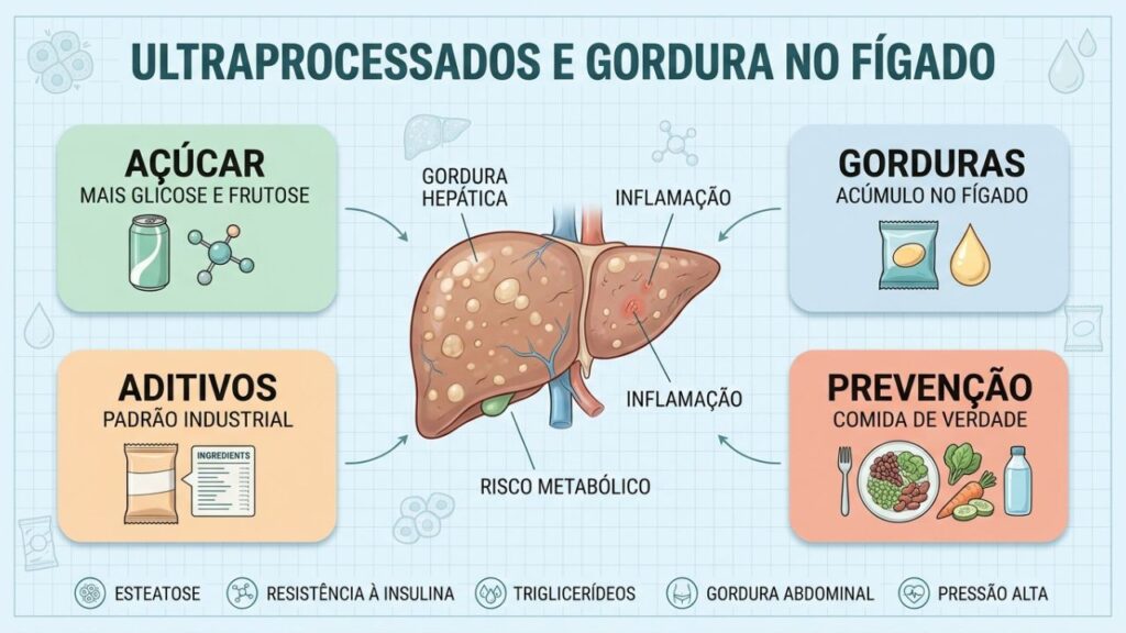 Açúcar, gorduras, aditivos e prevenção explicam o impacto hepático.