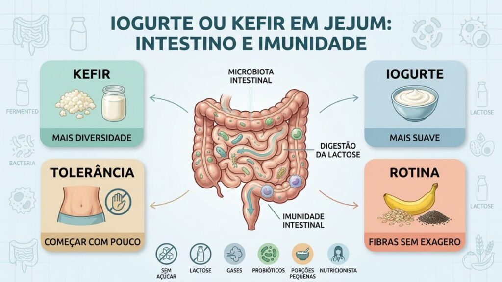 Kefir, iogurte, fibras e tolerância orientam o consumo em jejum.