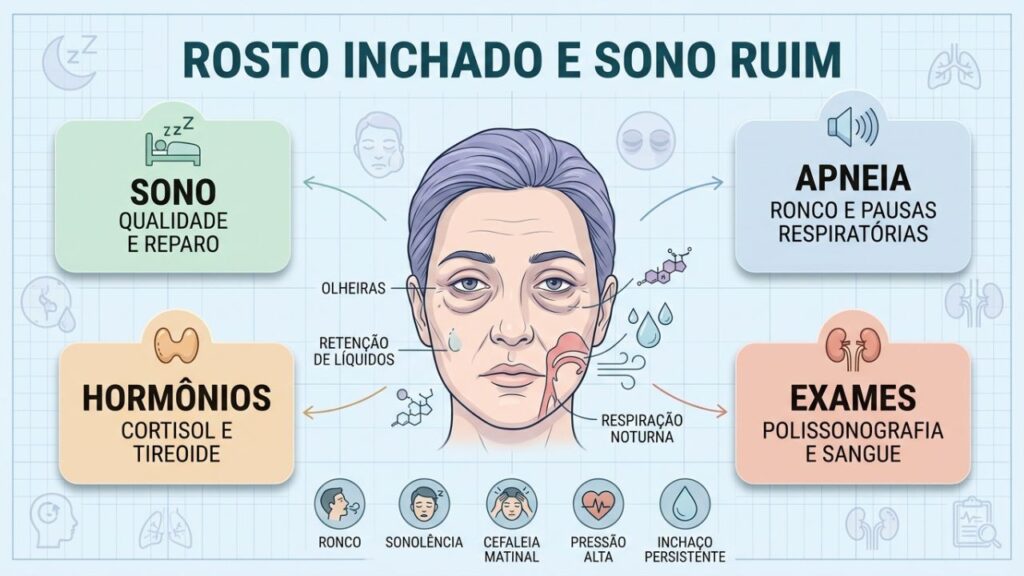 Sono, apneia, hormônios e exames explicam sinais no rosto.