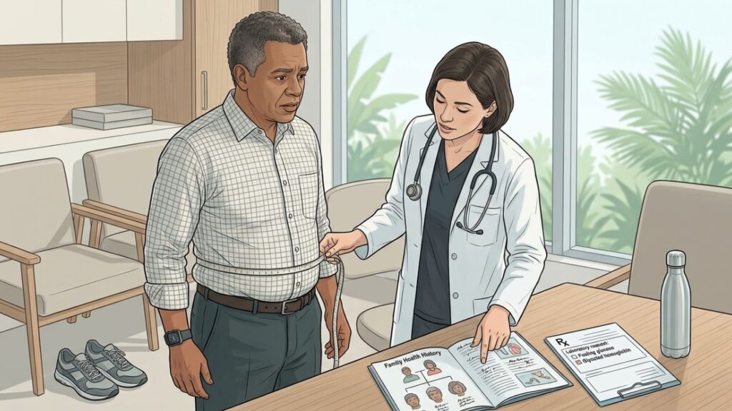 Circunferência abdominal e histórico familiar ajudam a identificar risco metabólico precoce.