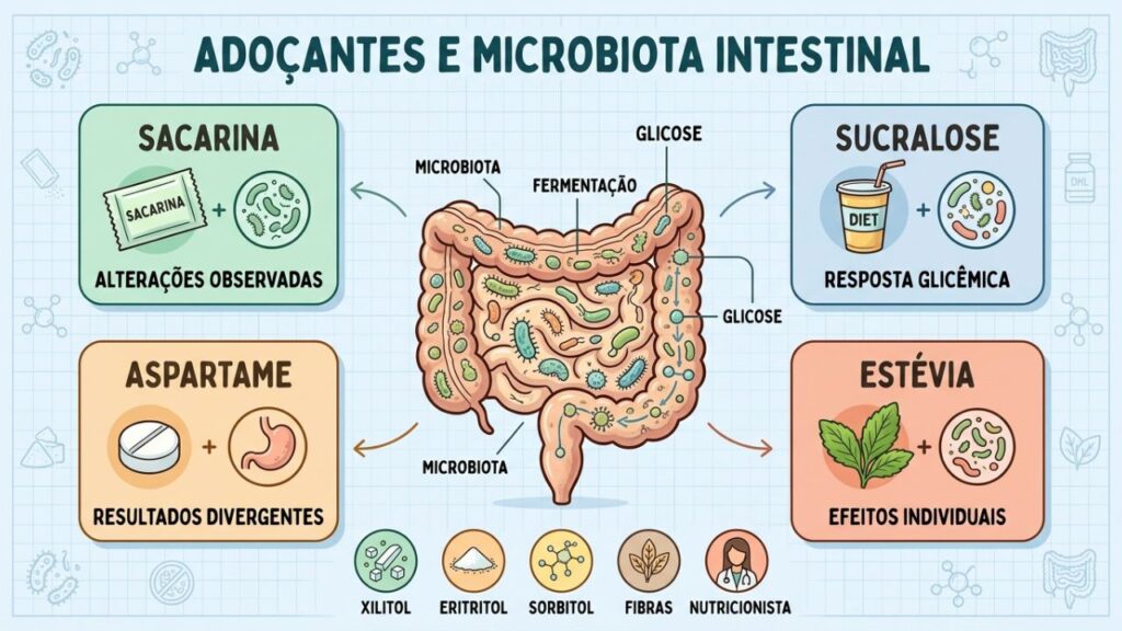 Diferentes adoçantes podem interagir de formas distintas com a microbiota.