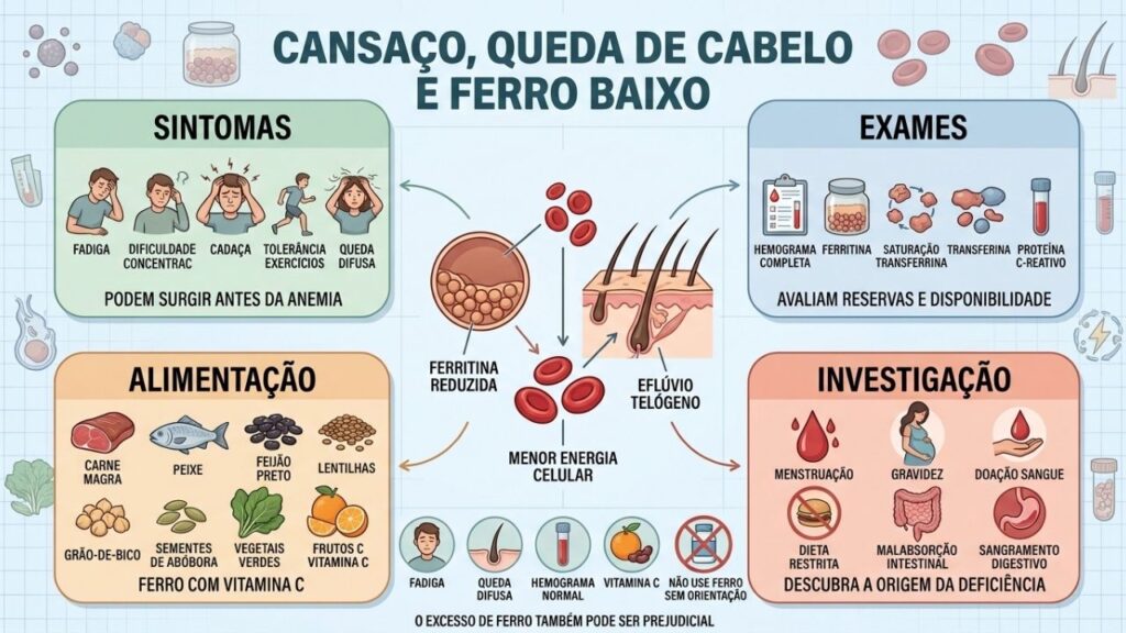 Sintomas, exames, alimentação e investigação orientam o cuidado com o ferro baixo.