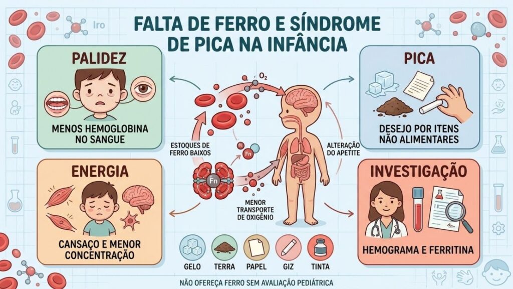 Palidez, pica, baixa energia e exames ajudam a identificar deficiência de ferro.