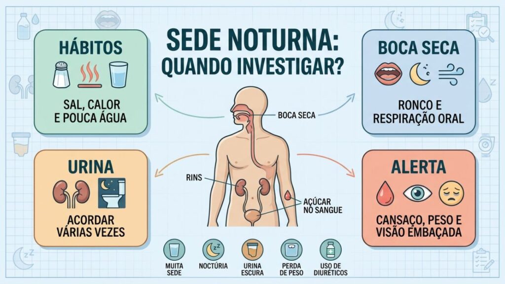Hábitos, boca seca, urina frequente e alertas orientam a investigação.