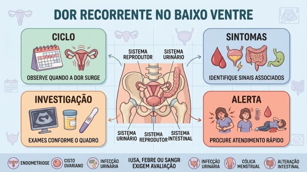 Ciclo, sintomas, investigação e alertas orientam a avaliação da dor pélvica.