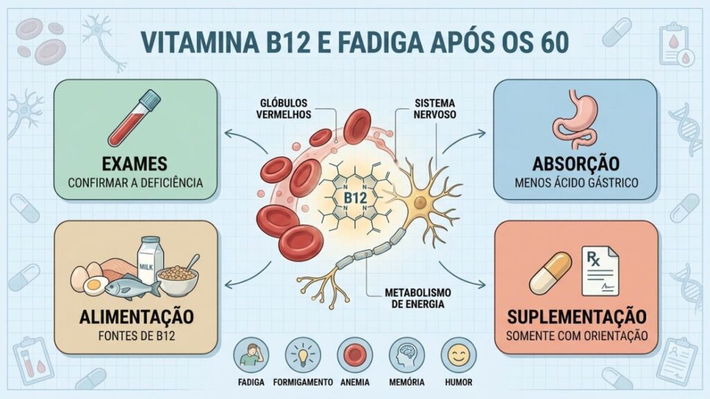 Infográfico mostra como B12, exames e suplementação orientada influenciam a energia.