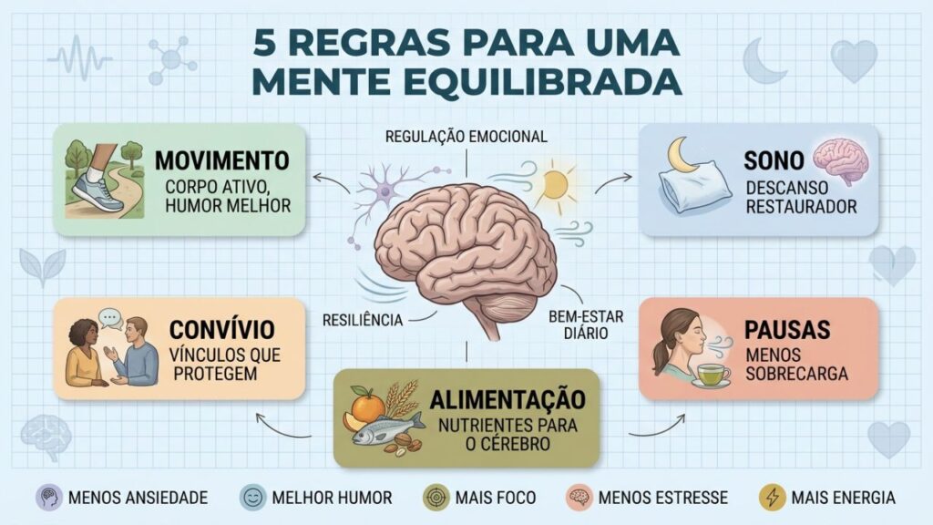 Cinco hábitos simples sustentam bem-estar, foco e resiliência mental.