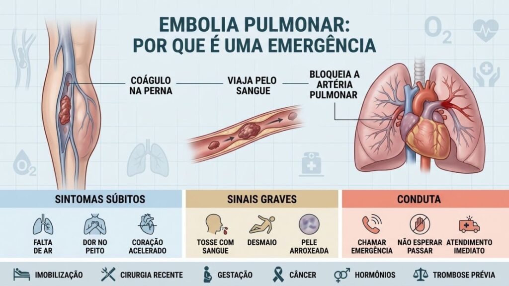 O coágulo pode sair da perna, chegar ao pulmão e bloquear artérias.