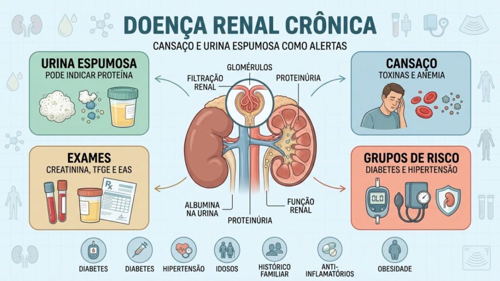 Cansaço, espuma, exames e fatores de risco orientam o diagnóstico renal.
