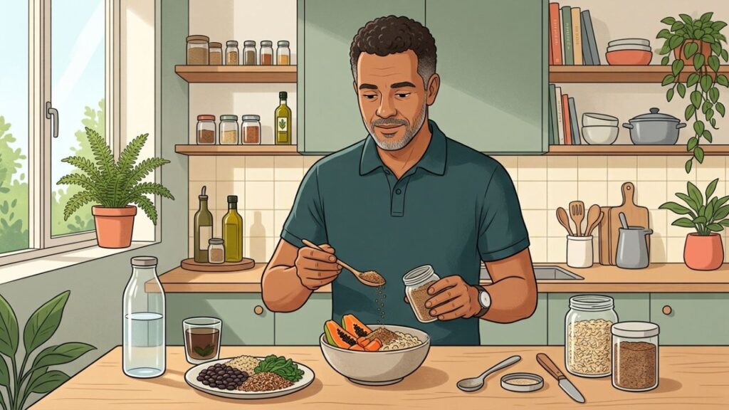Mamão, fibras, hidratação e movimento apoiam o funcionamento intestinal.