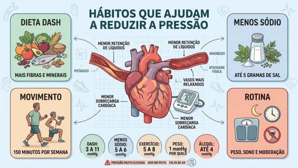 DASH, menos sódio, exercício e rotina saudável reduzem a pressão arterial.