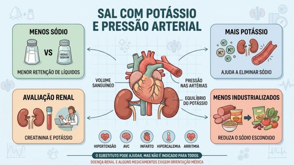 Menos sódio, potássio equilibrado e rins saudáveis favorecem o controle pressórico.