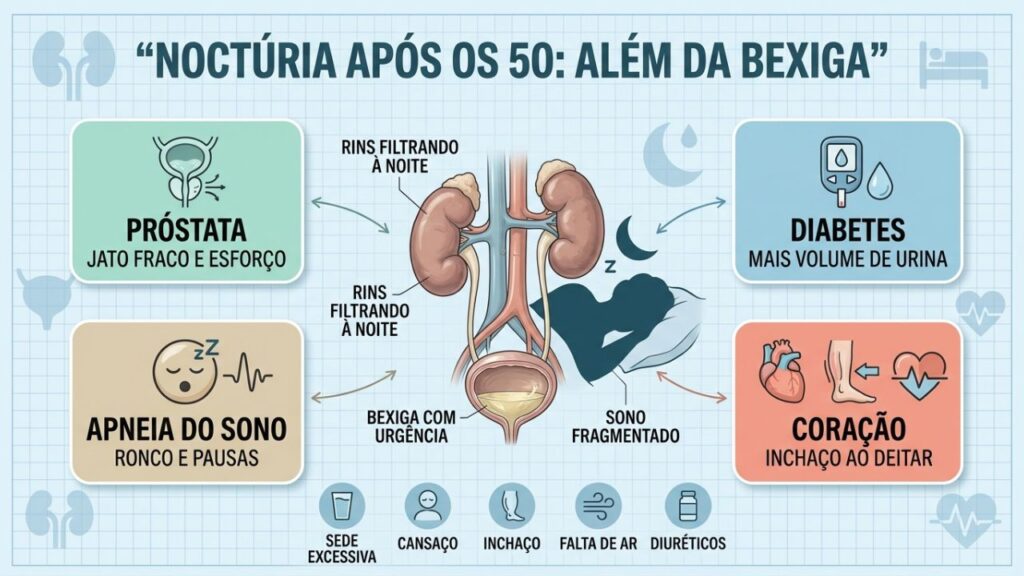 Infográfico mostra causas da noctúria ligadas a próstata, sono, diabetes e coração.