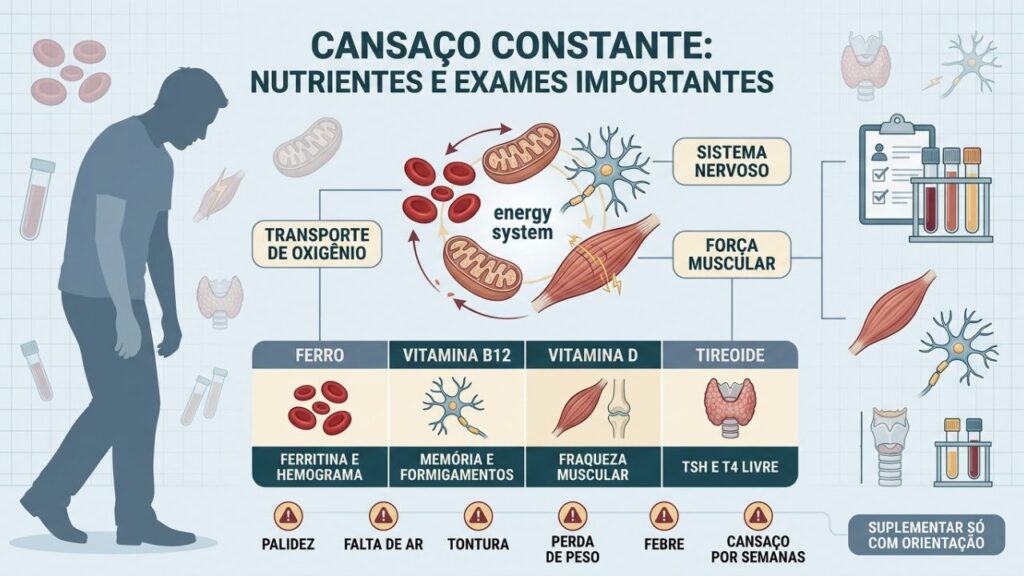 Ferro, B12, vitamina D e tireoide devem ser investigados na fadiga.